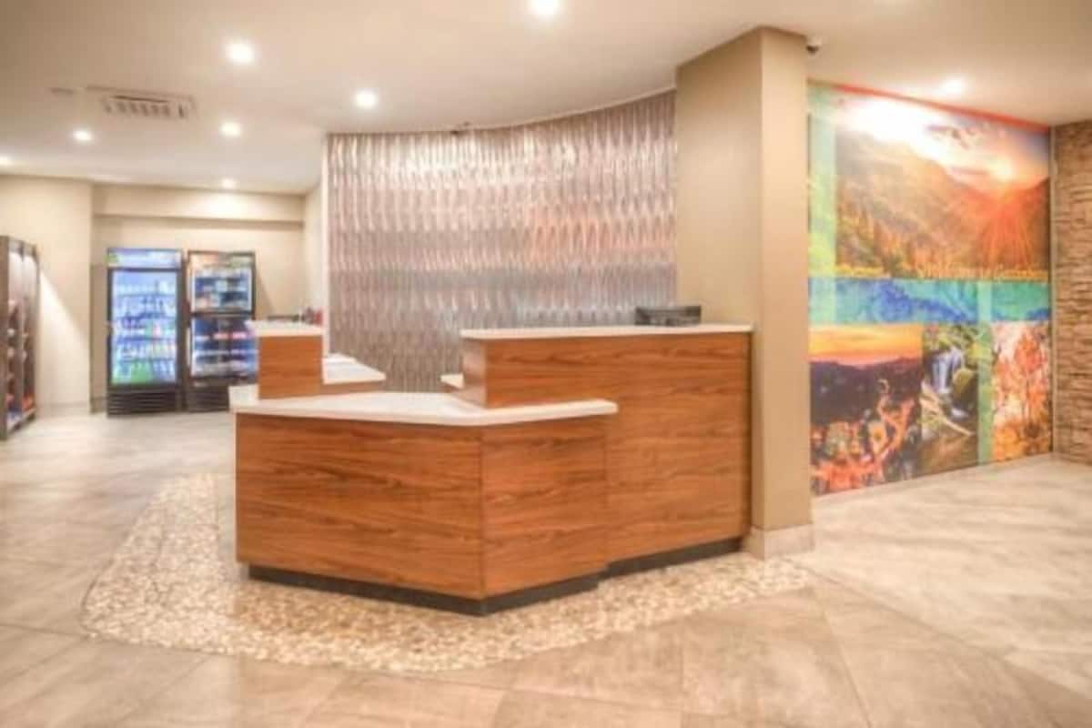 Un mostrador de recepción con detalles de madera, una cortina estampada y un cuadro abstracto de gran tamaño en la pared.