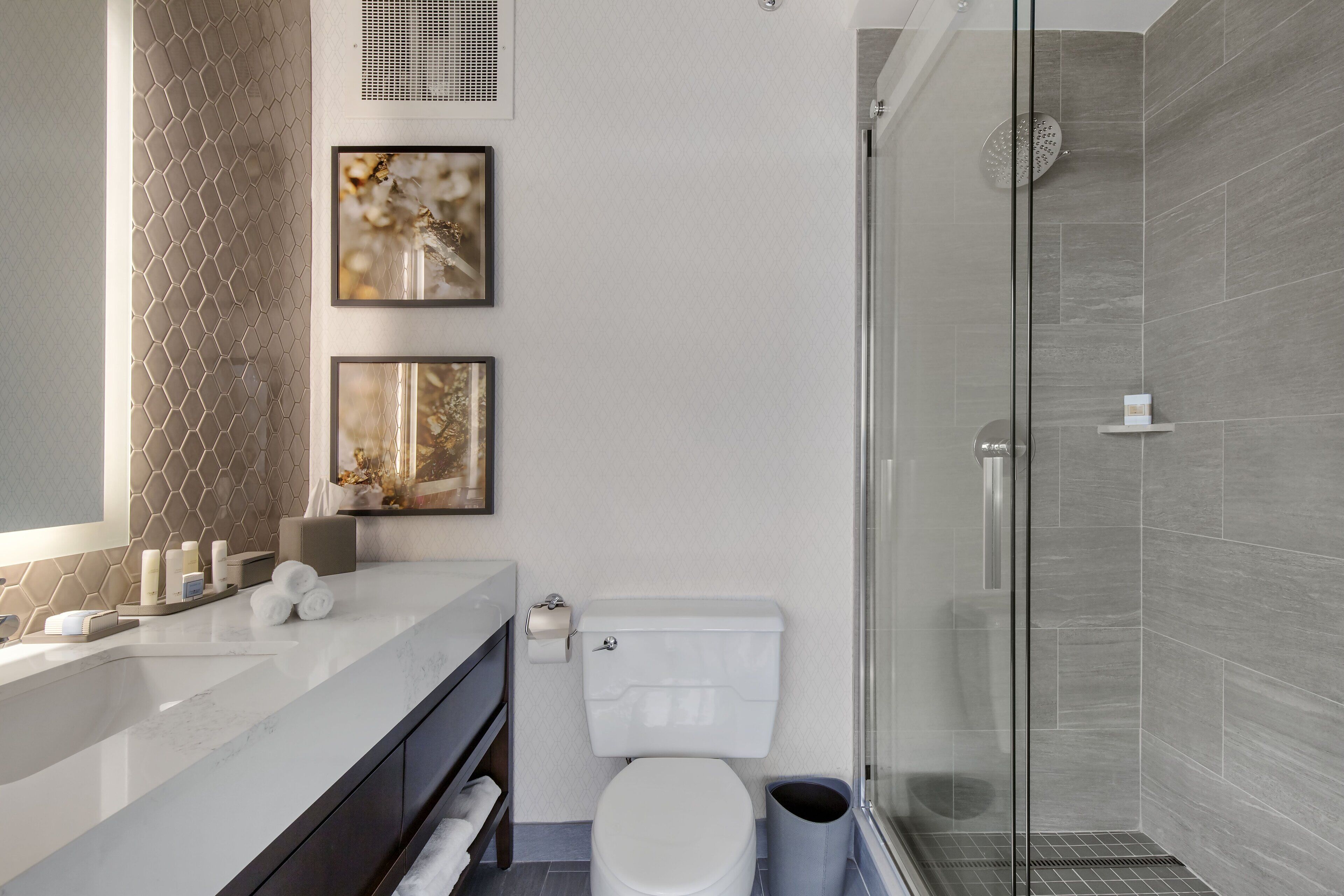Une salle de bain moderne avec une douche à parois de verre, des toilettes blanches et un comptoir en marbre où sont posés les articles de toilette.