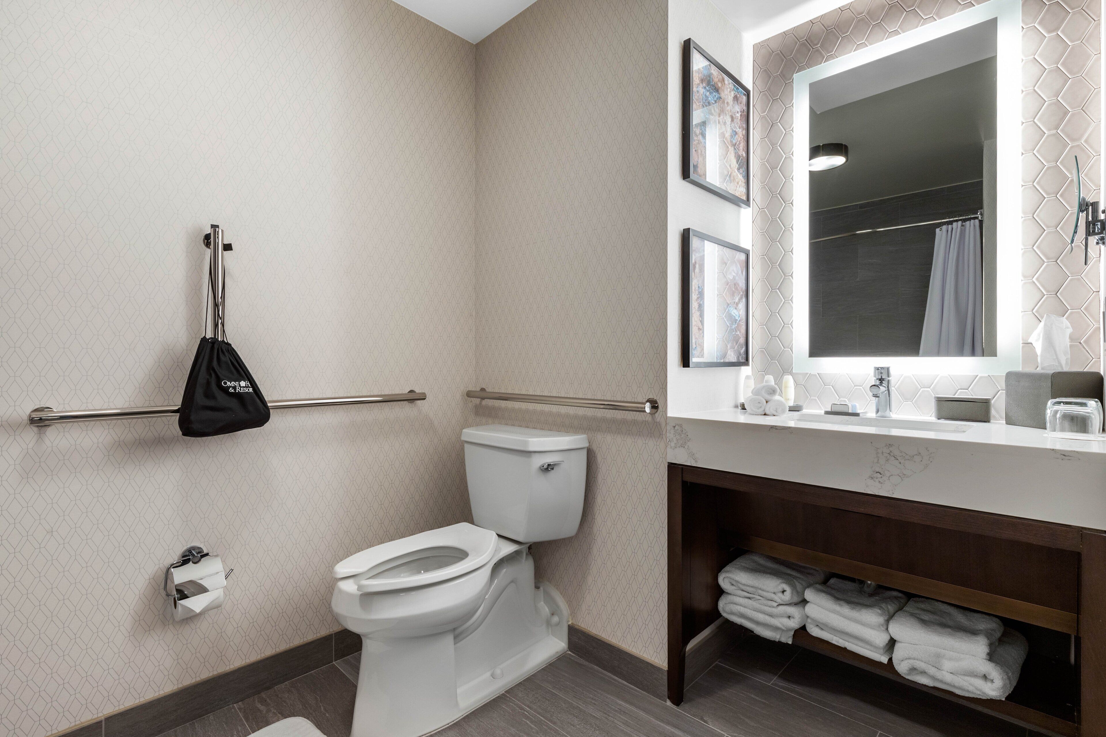 A bathroom with a toilet, handrails, a towel rack, a sink, and a mirror.