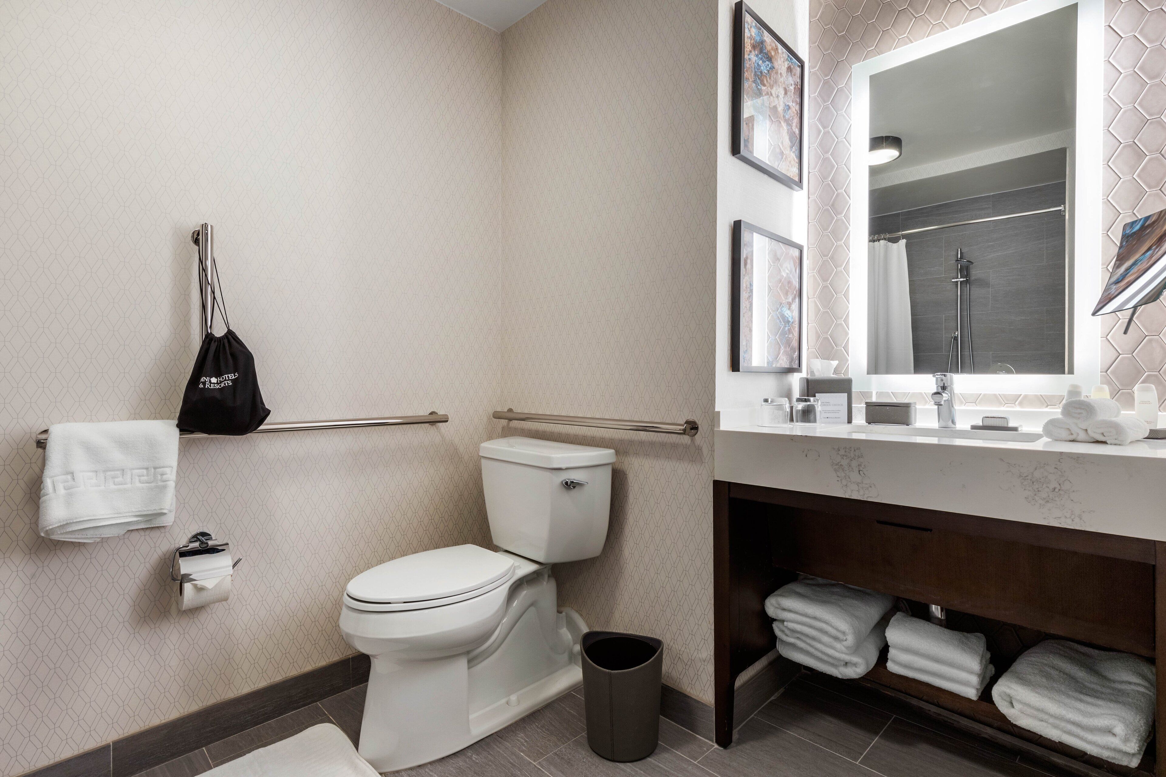 Ein modernes Badezimmer mit Toilette, Handlauf, Waschbecken mit Spiegel und Handtuchhalter.