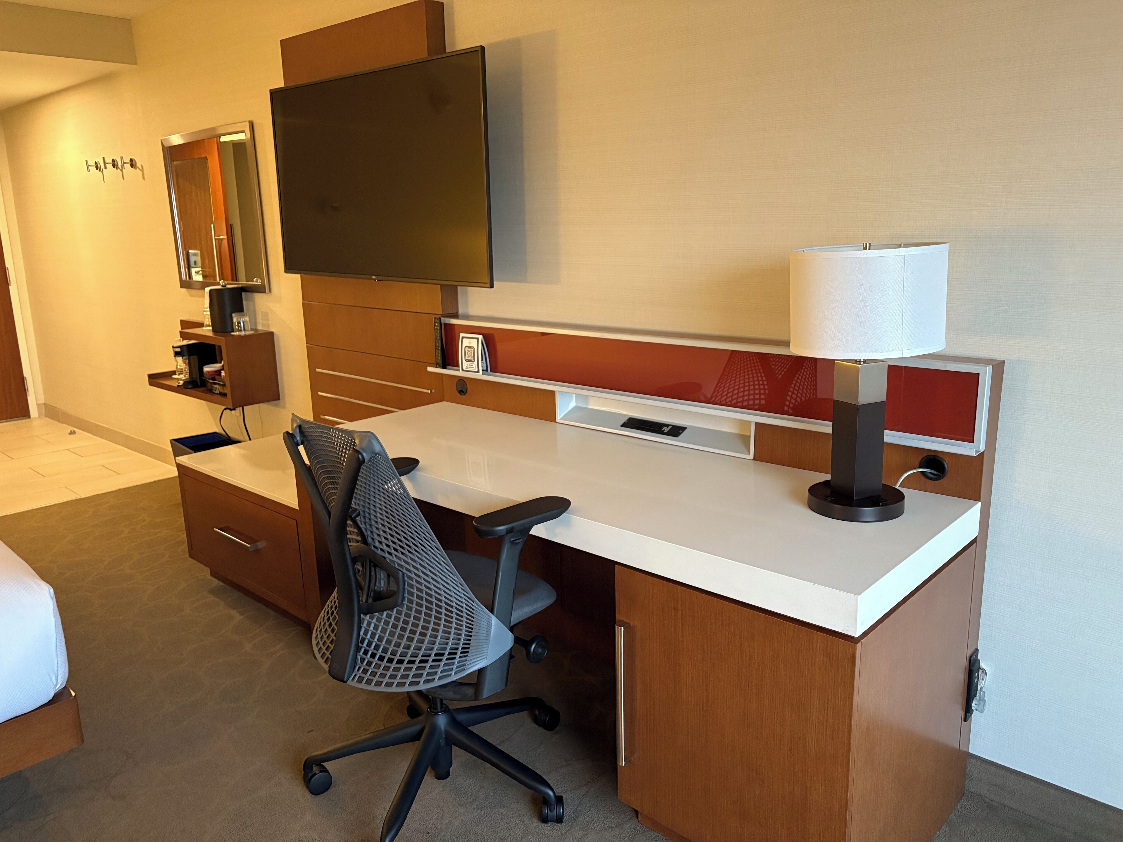 desk, laptop workspace, blackout curtains, iron/ironing board