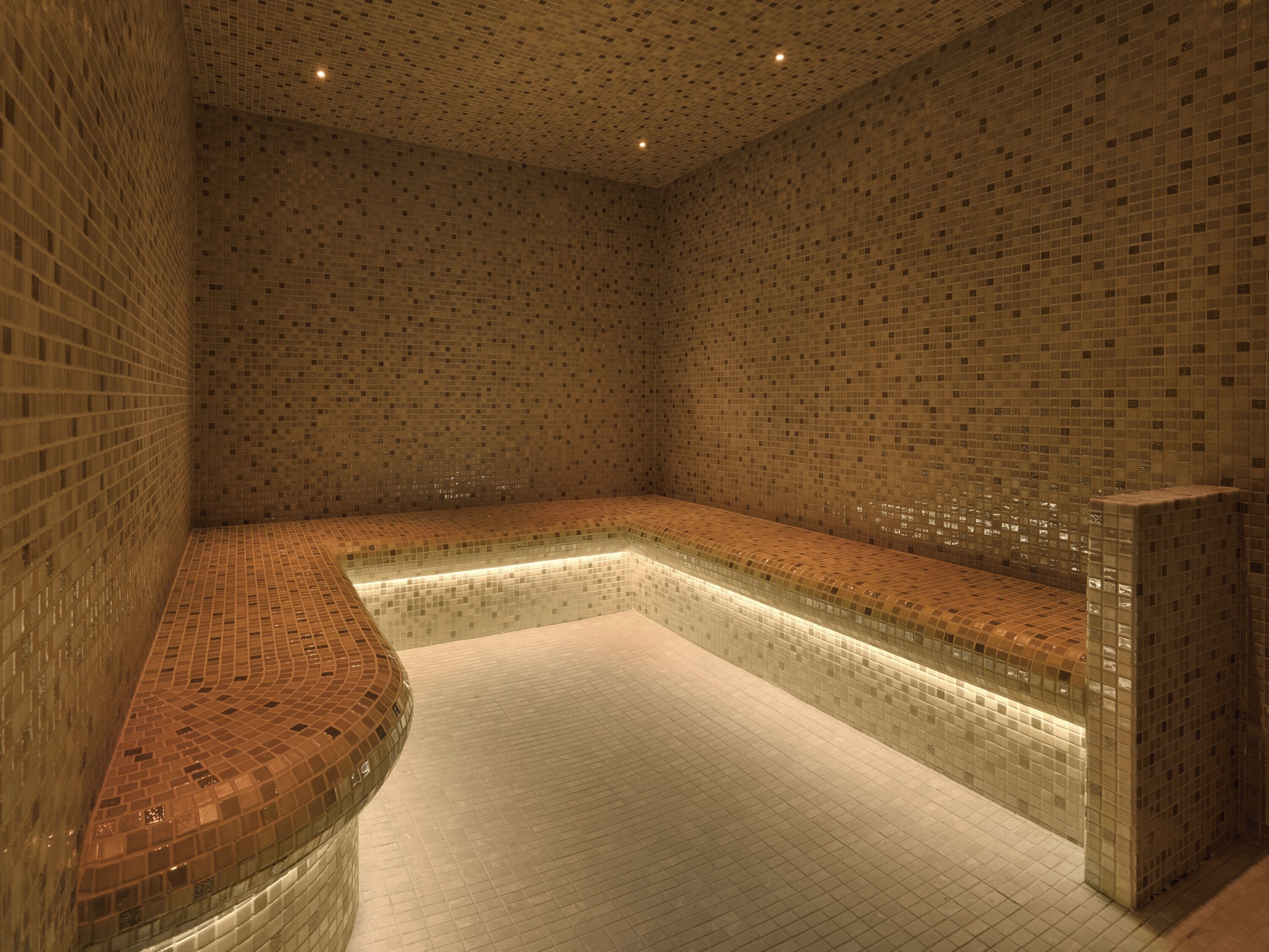 A spa area with a tiled floor and walls, a curved bench, and a small pool.