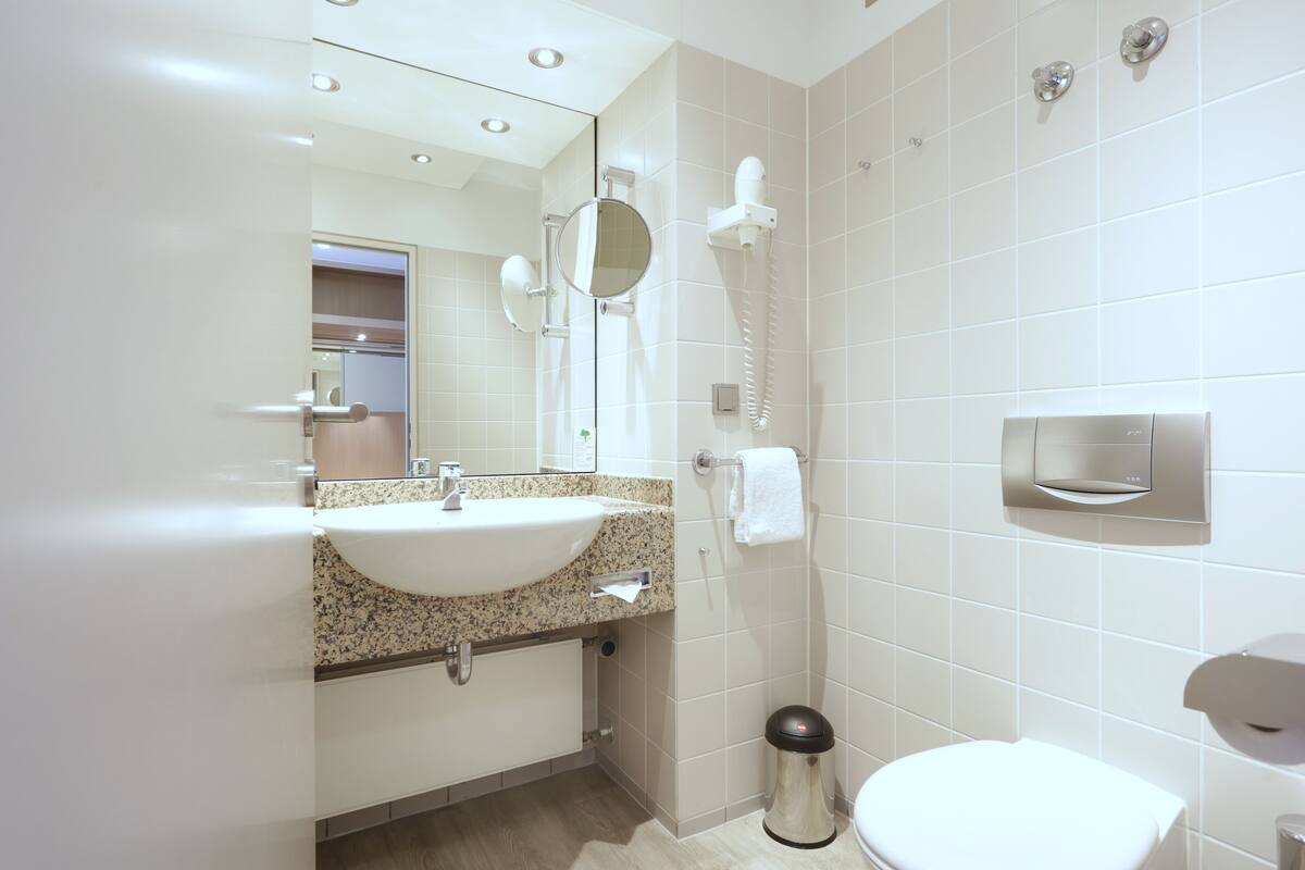 eco-friendly toiletries, hair dryer, towels, soap