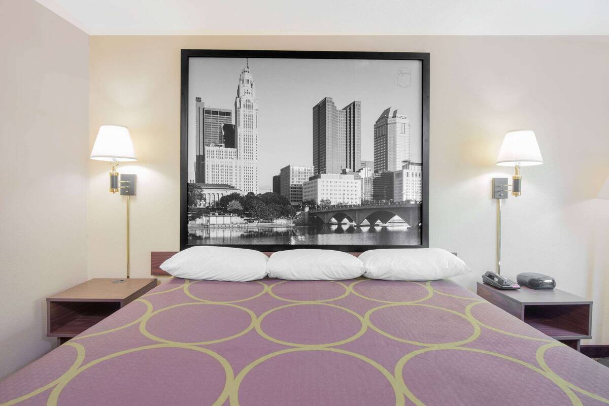 Een hotelkamer met een bed, twee nachtkastjes, een stadsgezicht op de muur en twee lampen.