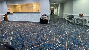 A hotel lobby with a reception desk, a magazine rack, and a carpeted floor. - The Nest Hotel Suffolk (Suffolk)