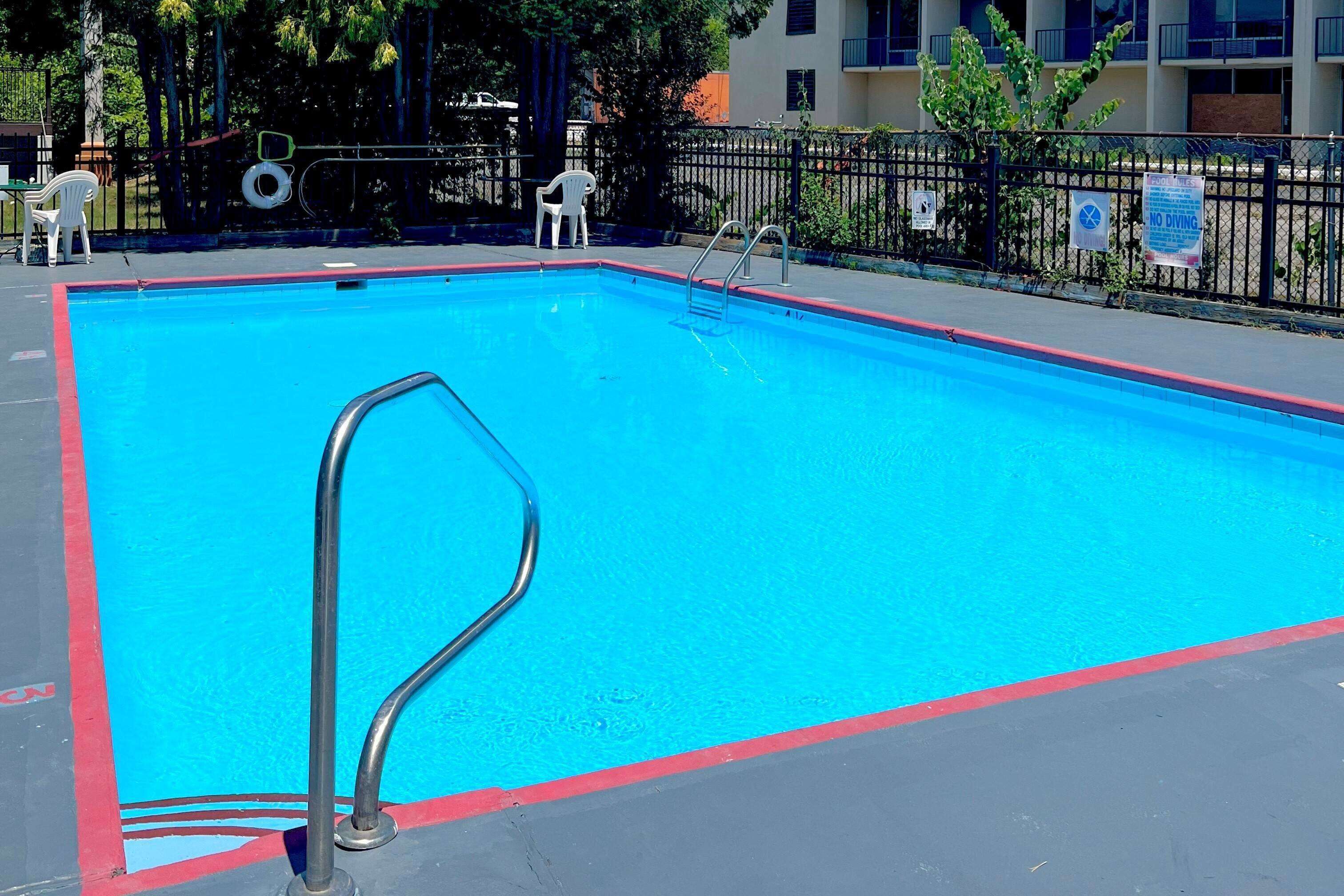 Seasonal outdoor pool, pool loungers