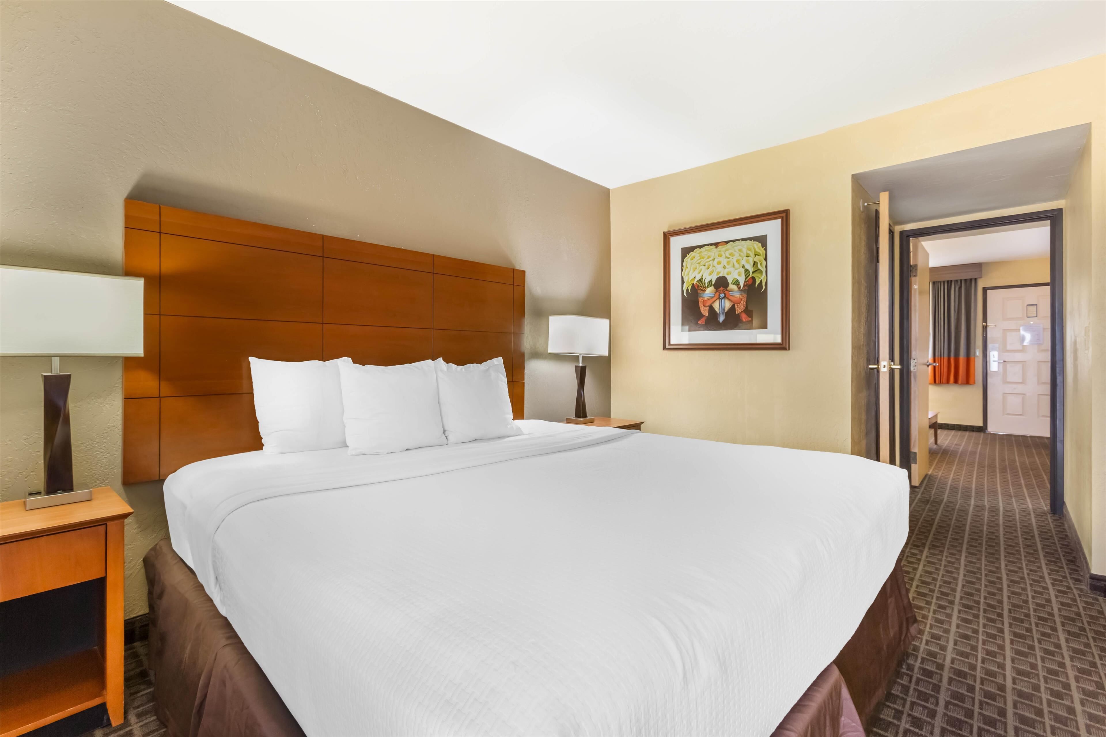 Una camera d'albergo con un letto grande, una testiera in legno, un comodino, una lampada e un quadro incorniciato appeso al muro.