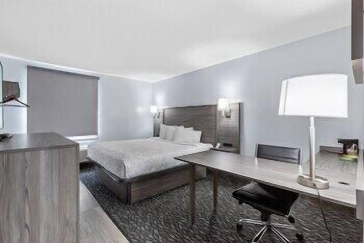 Une chambre d’hôtel moderne équipée d’un lit, d’un bureau, d’une chaise et d’une lampe.