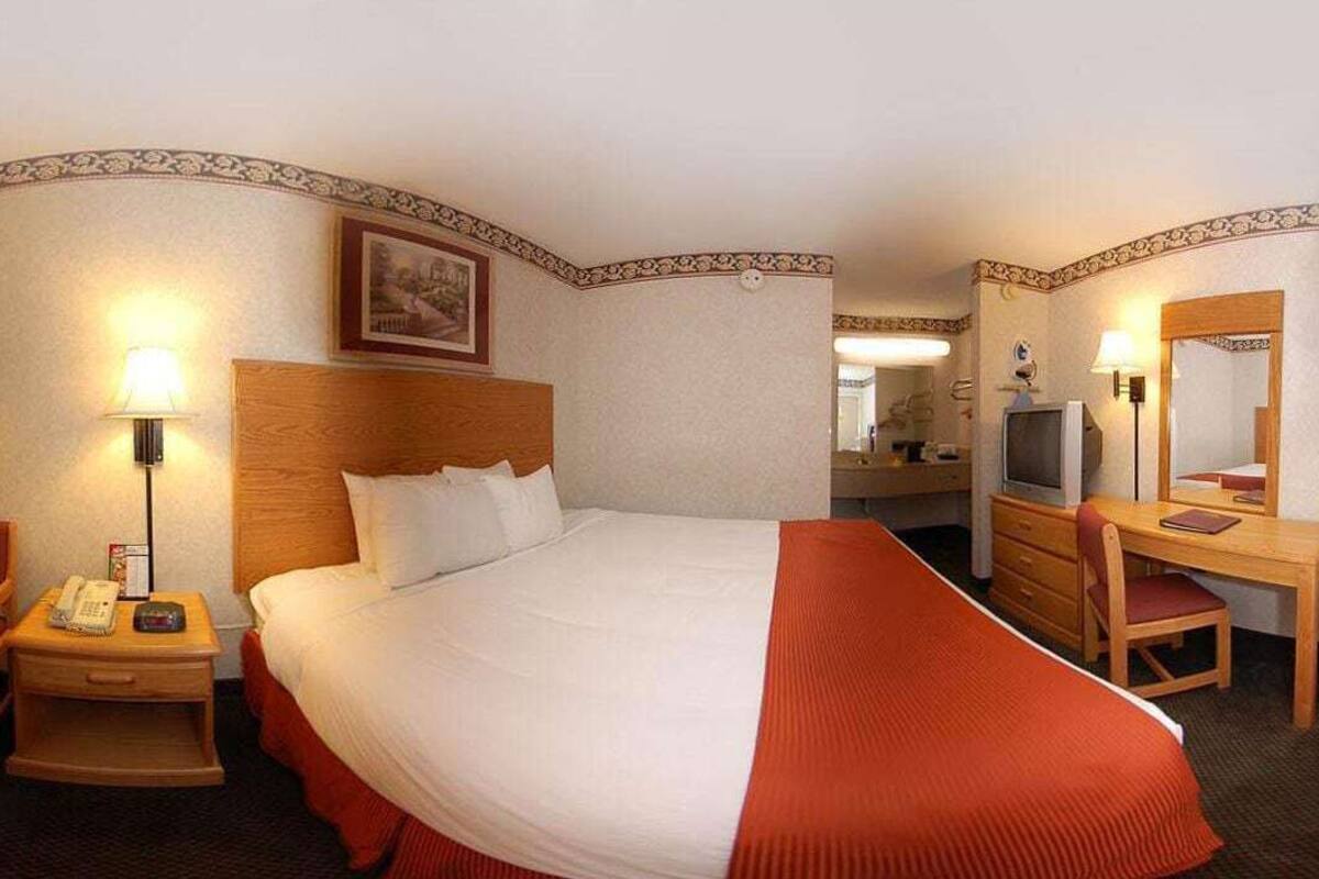 Hotelkamer met een bed, nachtkastje met lamp, bureau met stoel, televisie en spiegel.