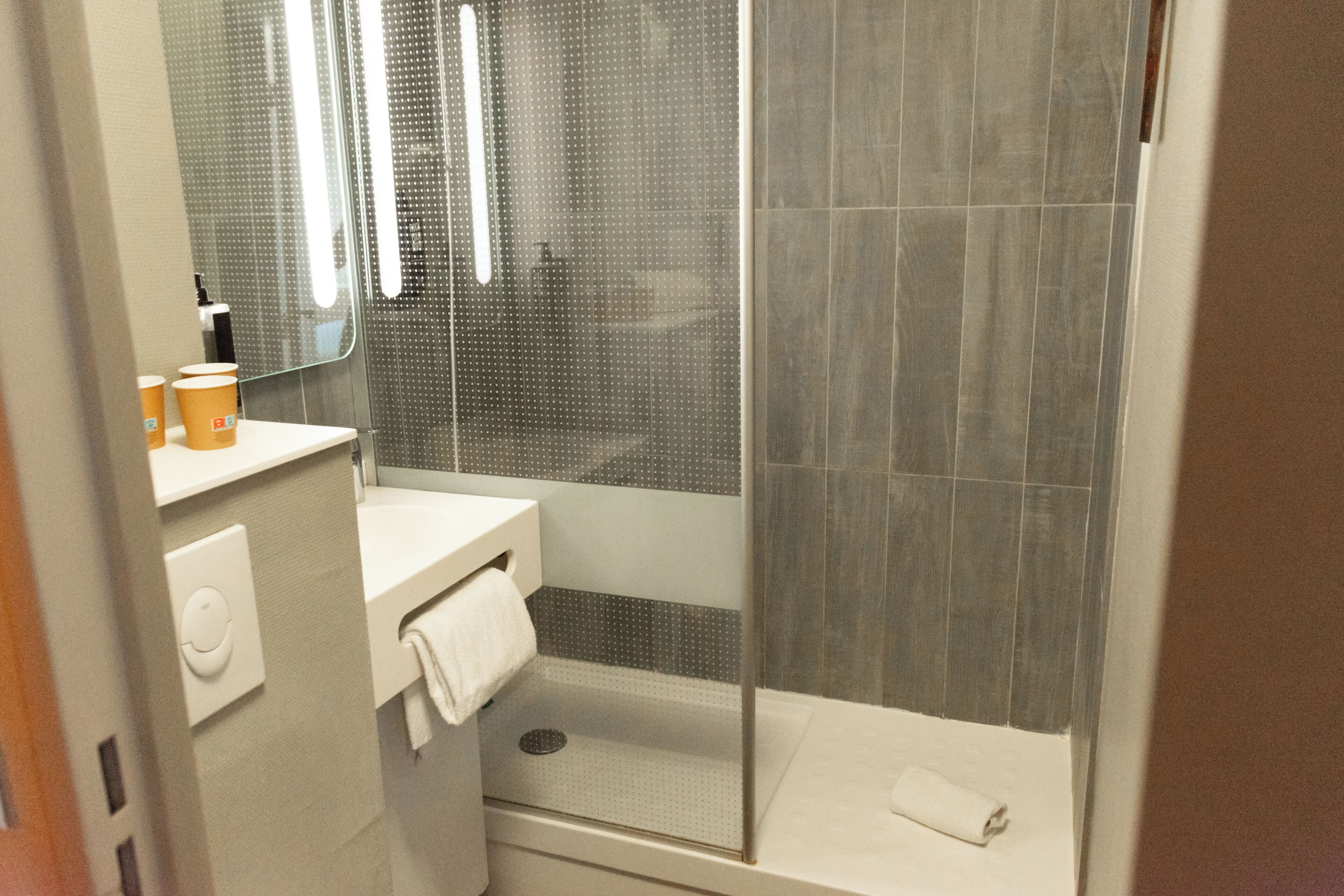 A modern bathroom with a glass shower enclosure, a white sink, and a mirror.