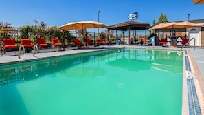 Seasonal outdoor pool, sun loungers