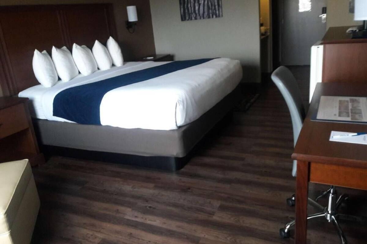 Una habitación de hotel con cama, escritorio, silla y piso de madera.