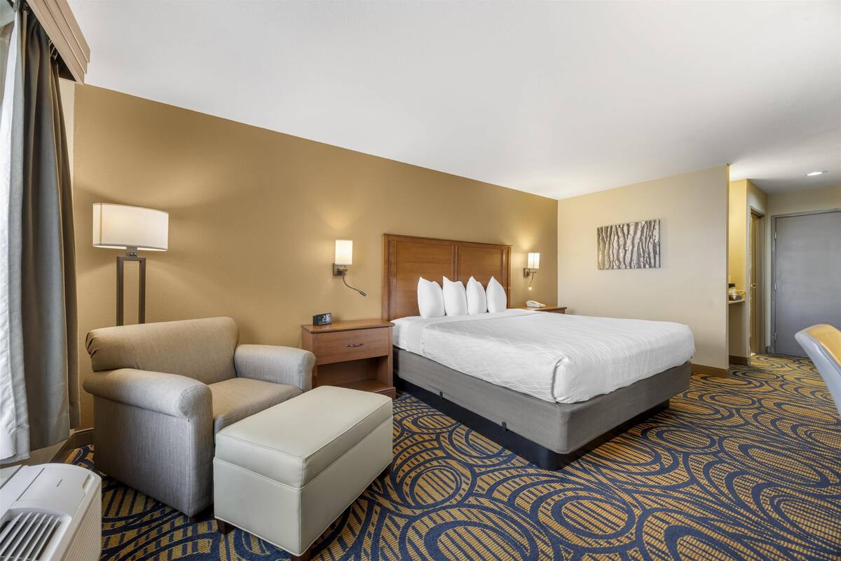 Una habitación de hotel con una cama, una silla, un escritorio y una lámpara.