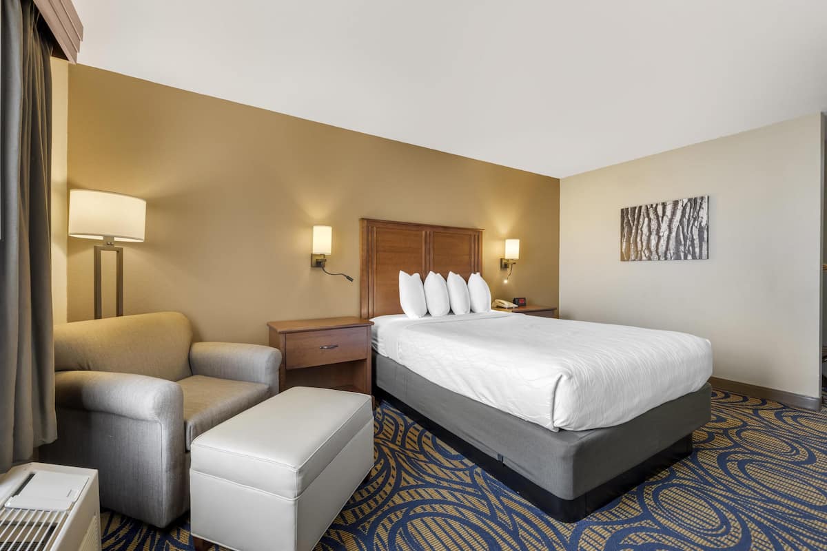 Una habitación de hotel con una cama, una silla, un escritorio y una lámpara.