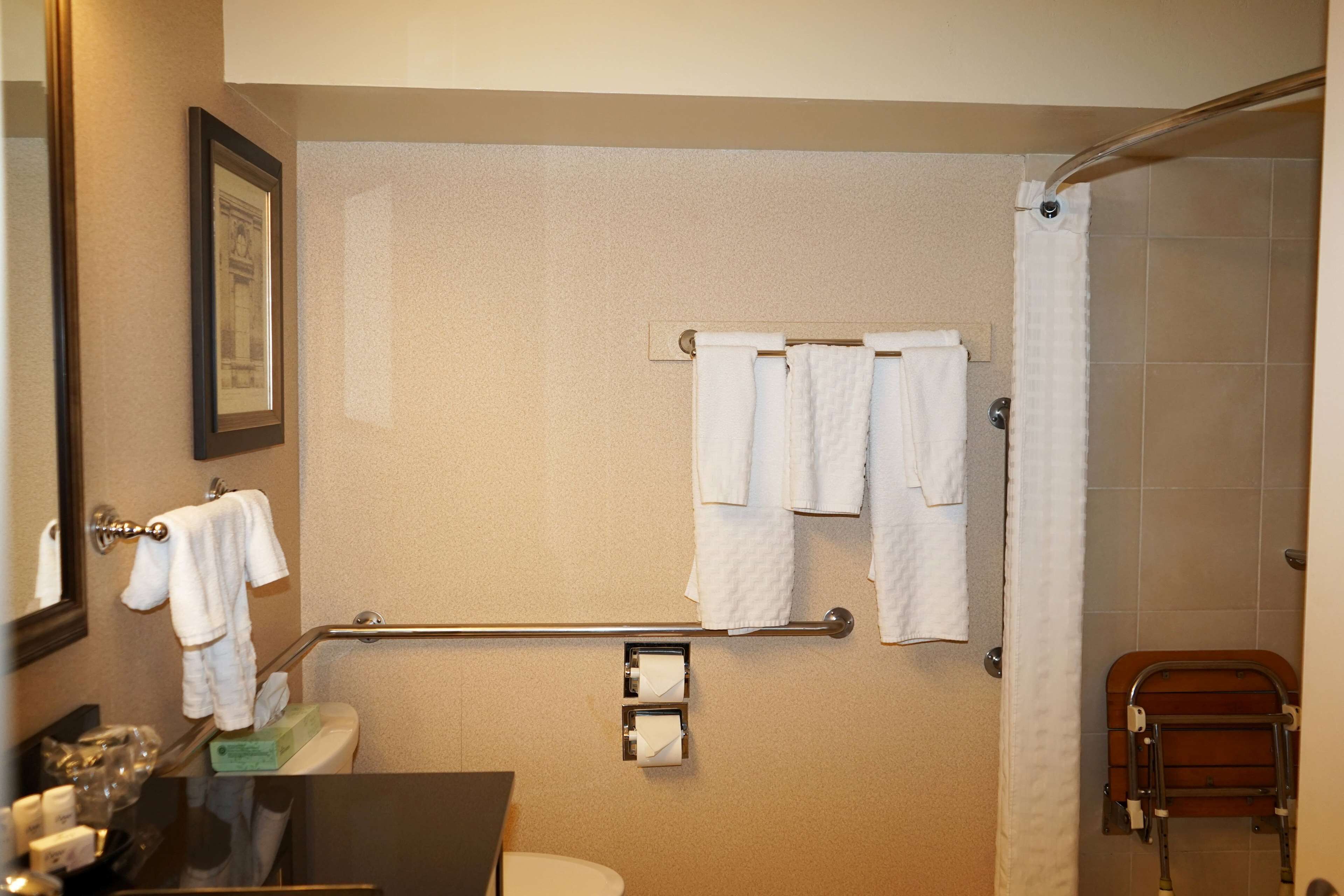 Een badkamer met een douche, toilet, wastafel met spiegel en een handdoekrek met meerdere handdoeken.