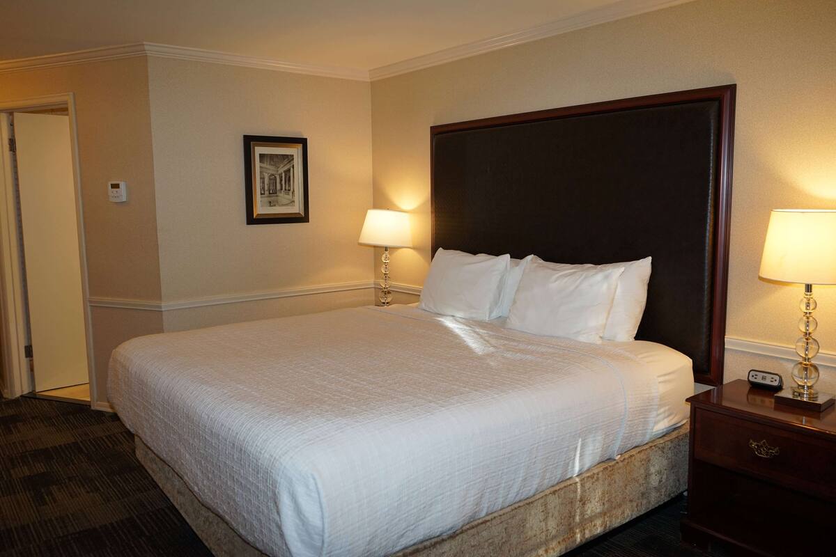 A hotel room with a large bed, two bedside tables, a framed picture on the wall, and a carpeted floor.