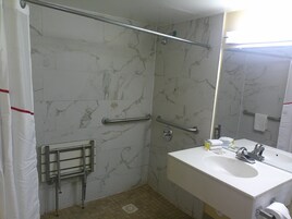 Combined shower/tub, free toiletries, hair dryer, towels