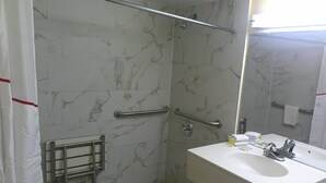 A bathroom with a shower, grab bars, a sink, and a mirror. -  Red Roof Inn Hampton Coliseum (Hampton)