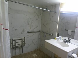 Baño con ducha, barras de apoyo, lavamanos y espejo.