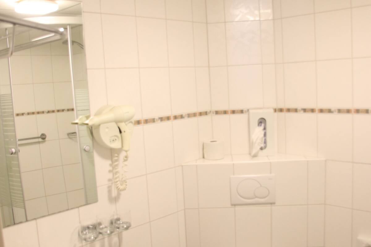 shower, eco-friendly toiletries, hair dryer, towels