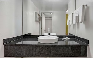 Eco-friendly toiletries, hair dryer, towels, toilet paper