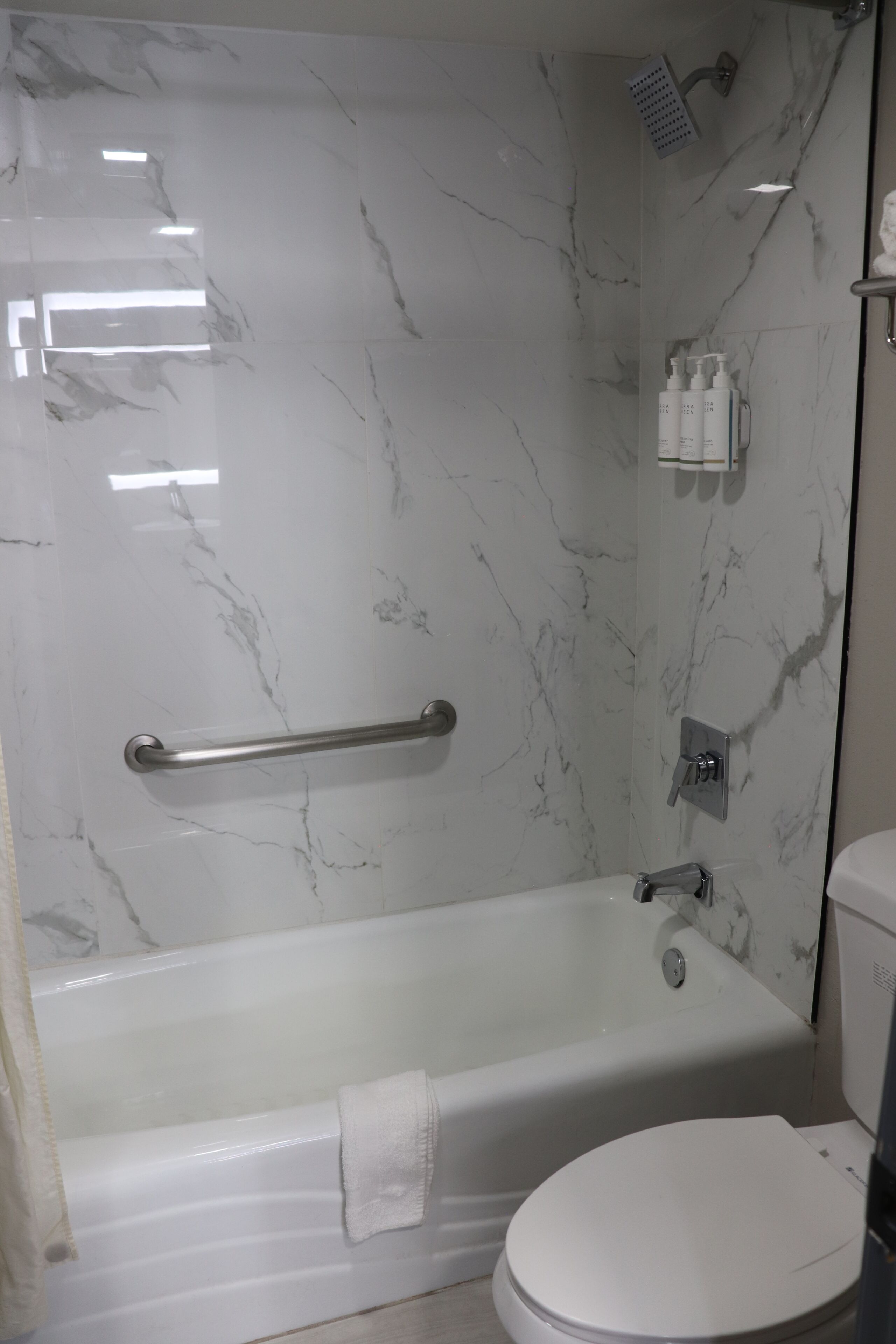A bathroom with a white bathtub, a toilet, and a shower area with a handrail.