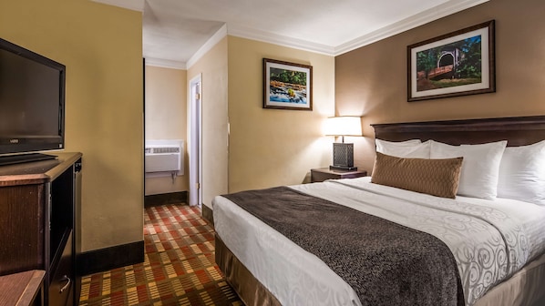 Habitación de hotel con cama, televisor, mesita de noche, lámpara y dos cuadros en la pared.