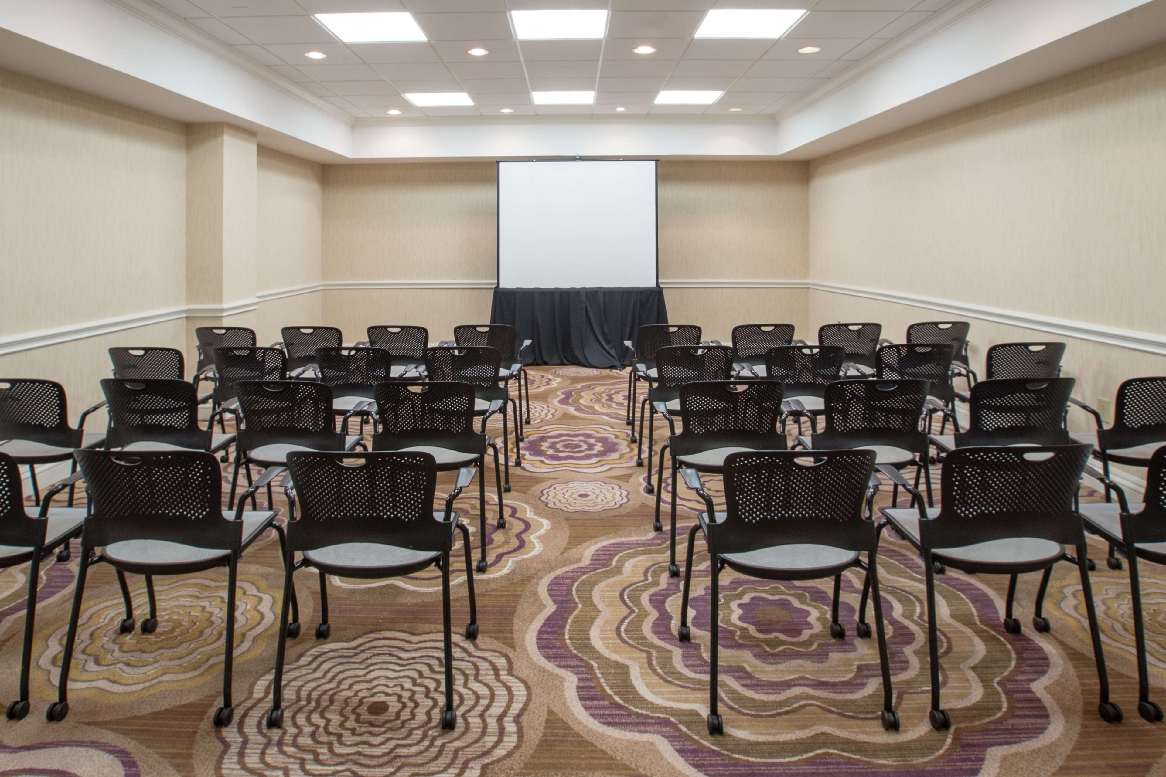 A conference room with rows of black chairs, a large screen, and a patterned carpet.
