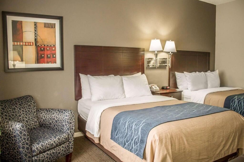 Premium bedding, desk, laptop workspace, blackout drapes