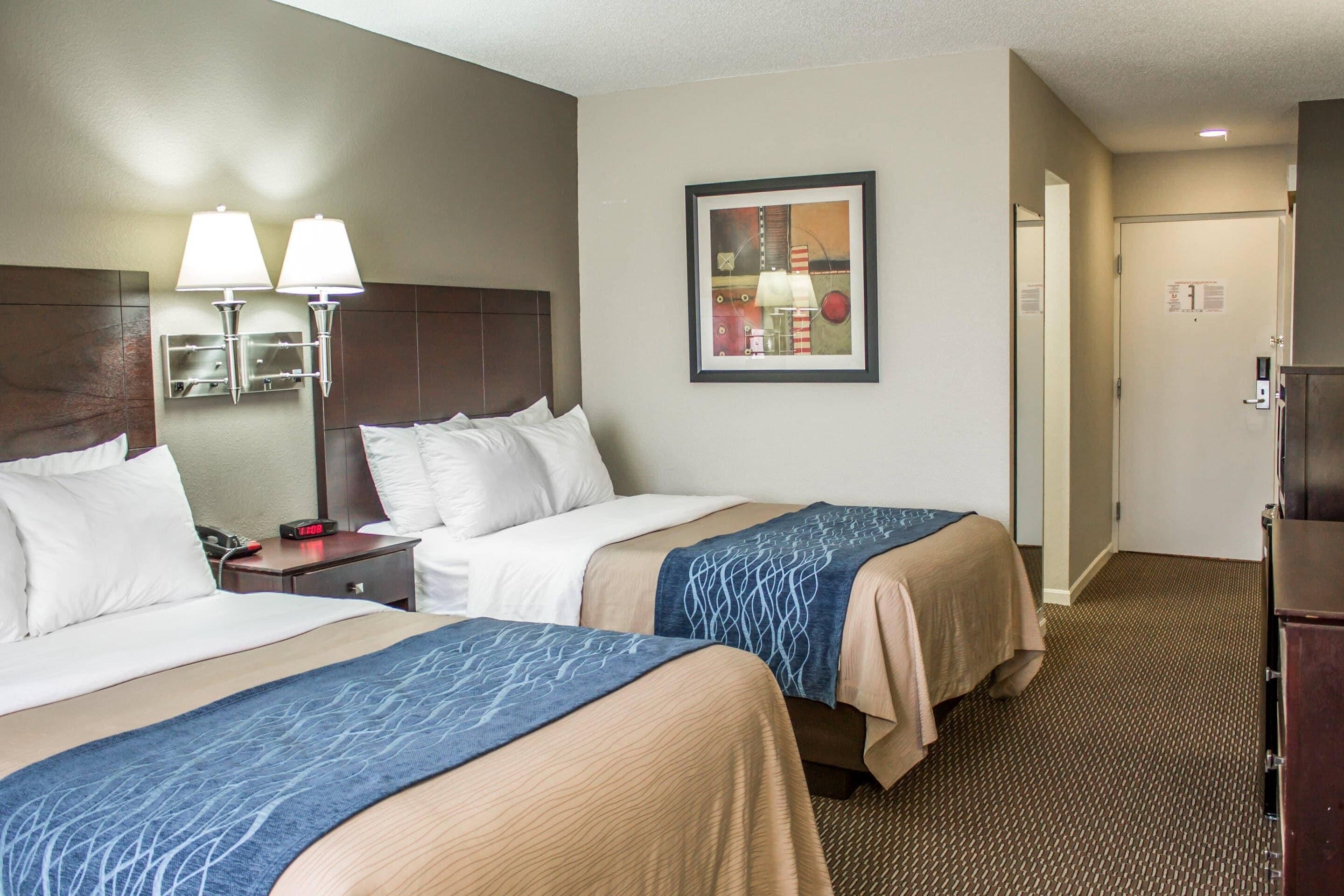 A hotel room with two beds, a nightstand, a lamp, a framed picture, and a door.
