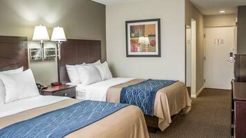 A hotel room with two beds, a nightstand, a lamp, a framed picture, and a door.