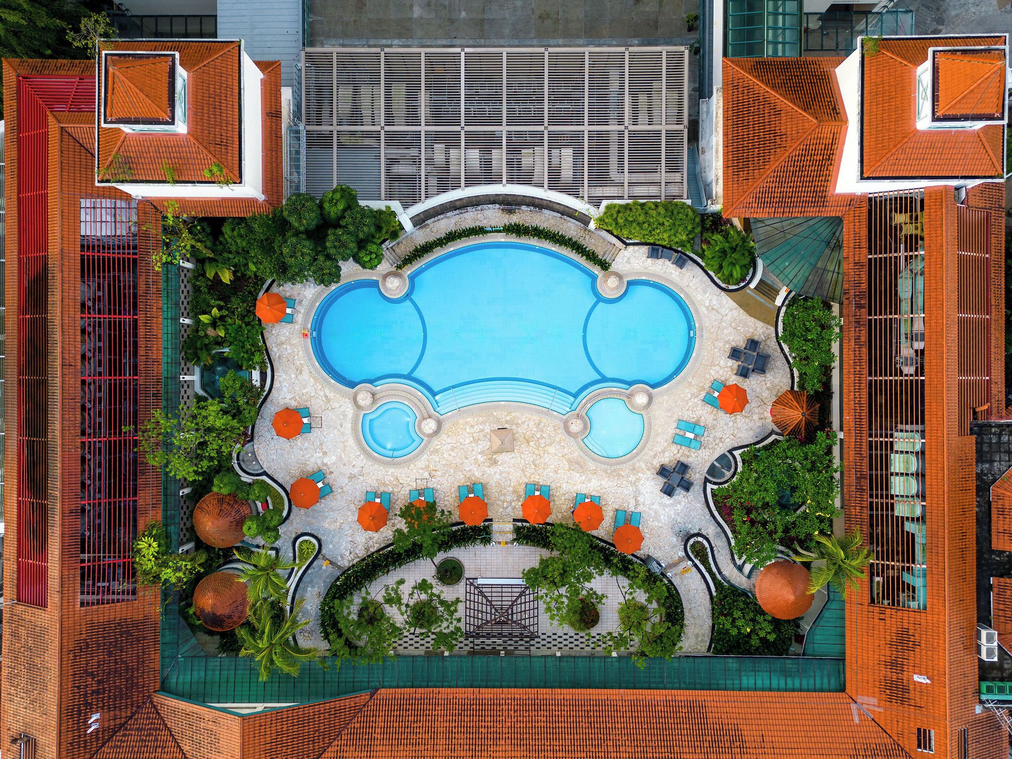 Outdoor pool, pool umbrellas, pool loungers