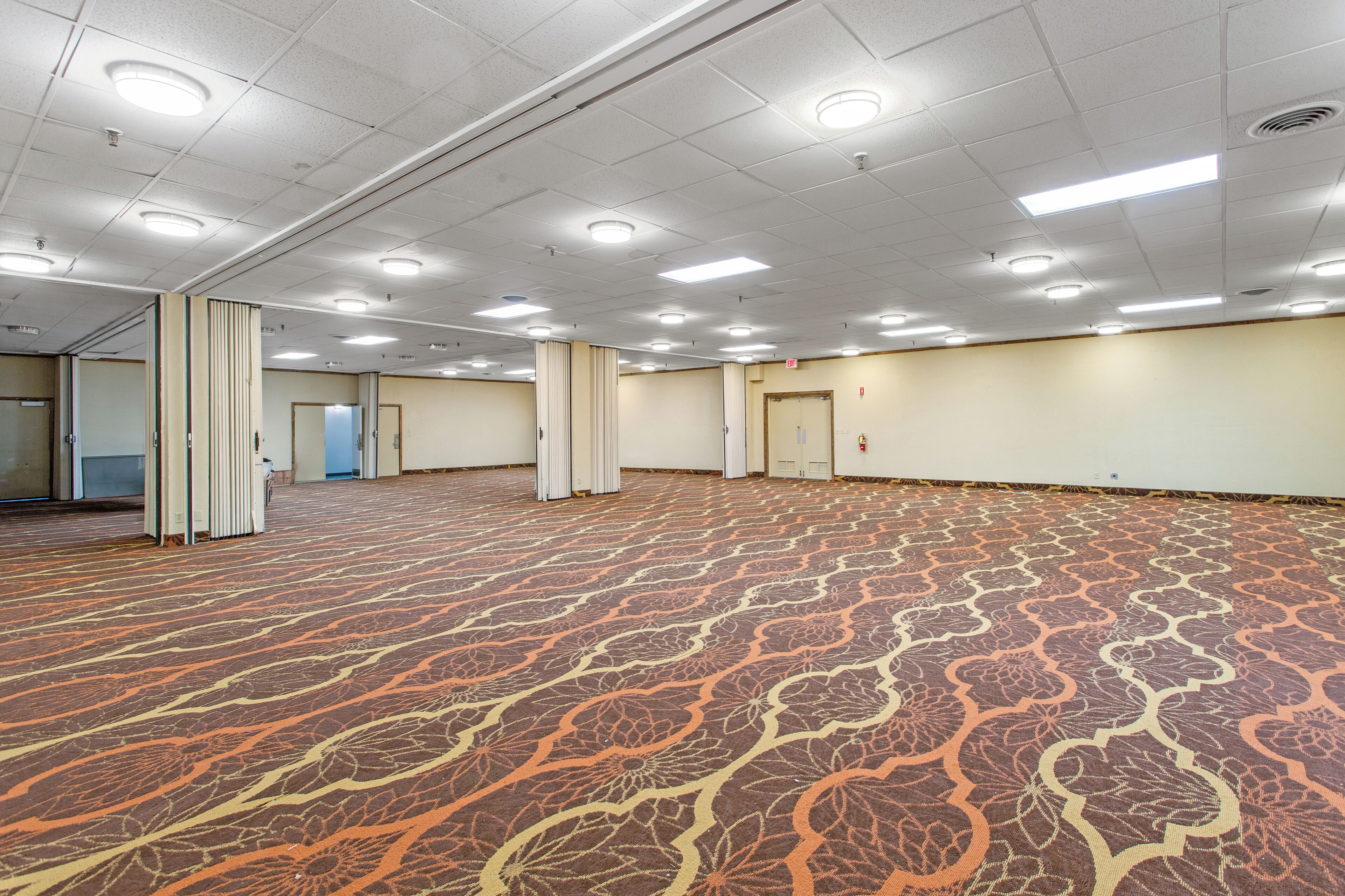A large, carpeted room with a patterned floor, recessed lighting, and a plain wall.