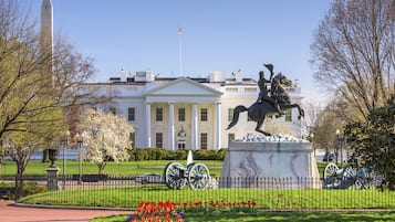 A large white building with a flag, a statue of a person on a horse, and a fountain in front.