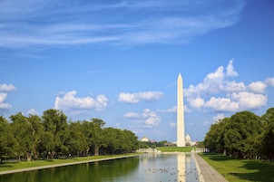 Le Washington Monument, avec un ciel dégagé, un bassin reflétant et les arbres environnants.
