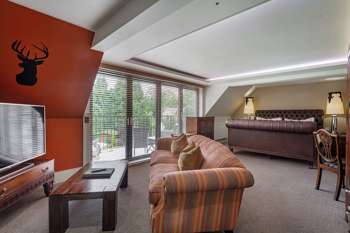 A living room with a television, sofa, and a wall-mounted deer head decoration.