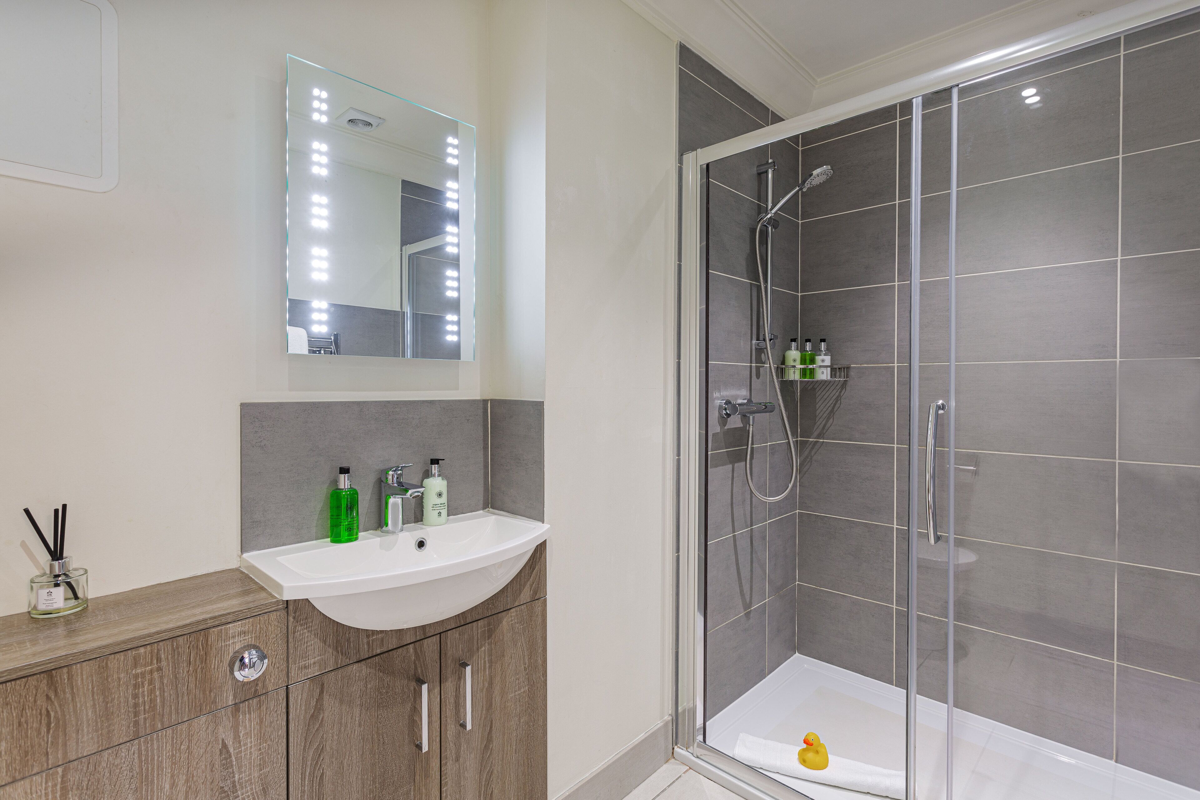 shower, eco-friendly toiletries, hair dryer, towels