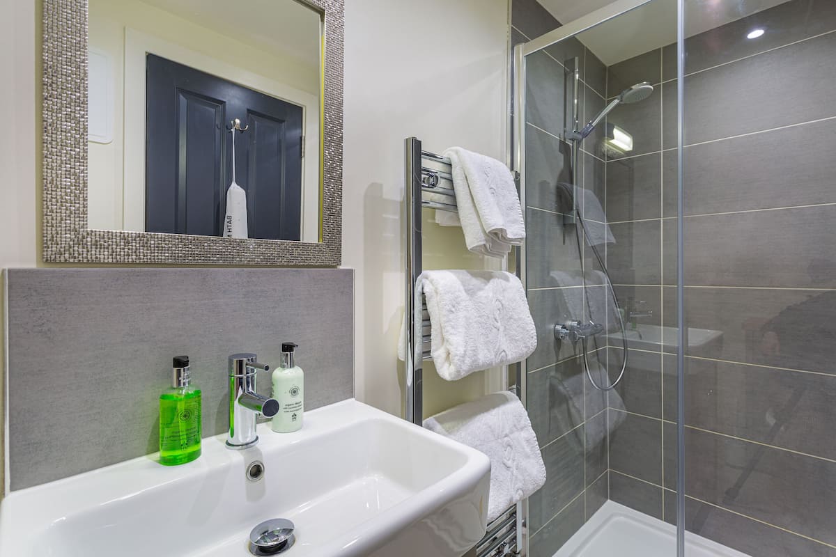 Shower, eco-friendly toiletries, hair dryer, towels