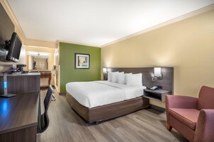 Una habitación de hotel con una cama grande, un escritorio con computadora, una silla y un televisor.