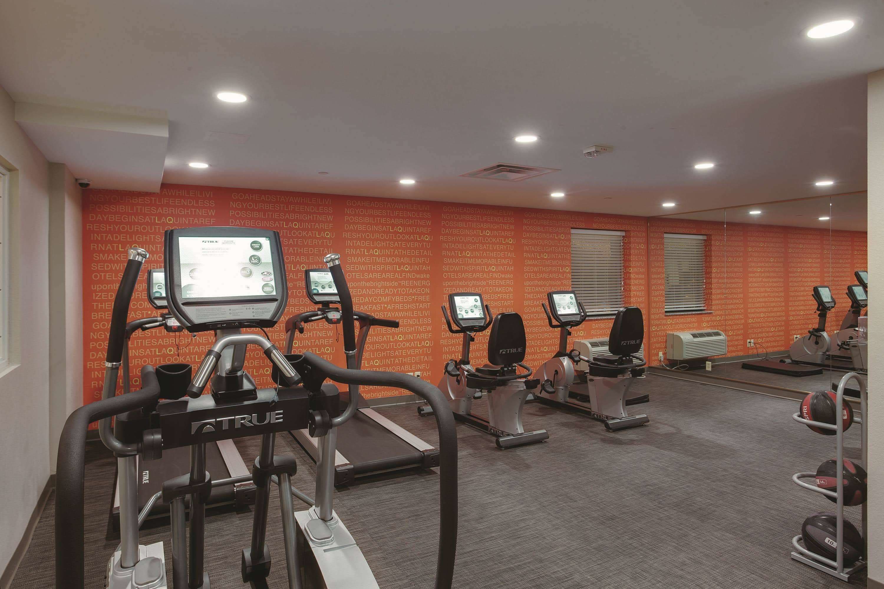 A gym with treadmills, stationary bikes, and a mirrored wall.