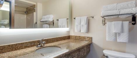 Un baño con lavamanos de encimera de granito, espejo, toallero y retrete.