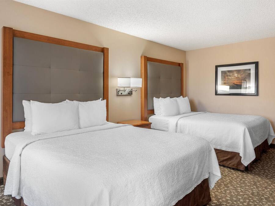 A hotel room with two beds, a nightstand, a wall-mounted lamp, and a framed picture on the wall.