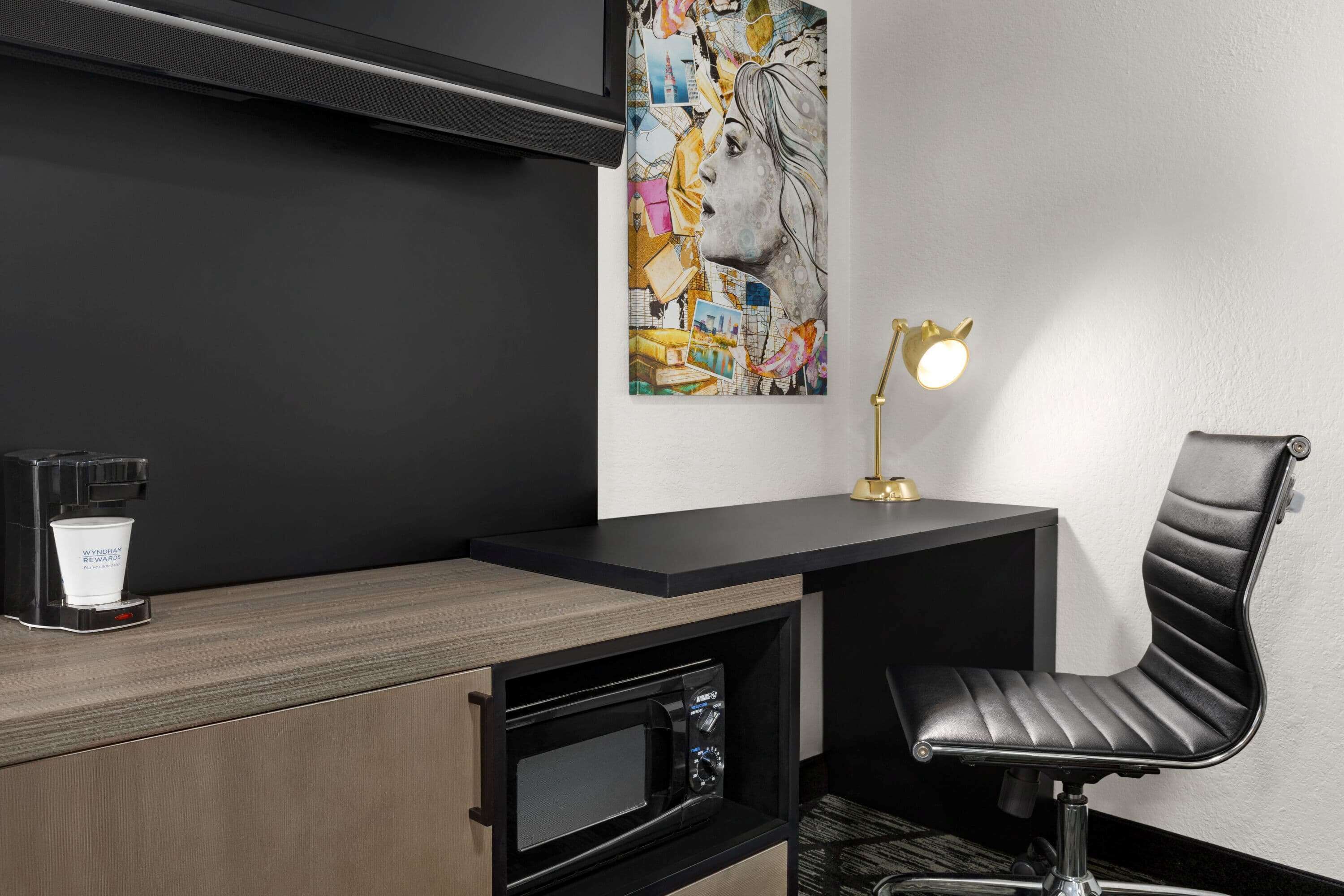 premium bedding, desk, blackout curtains, iron/ironing board