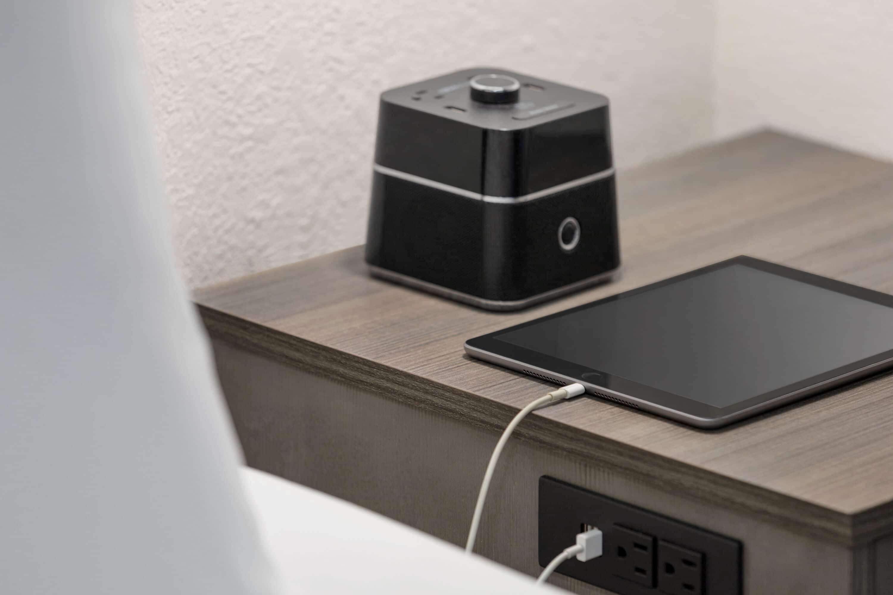 premium bedding, desk, blackout curtains, iron/ironing board