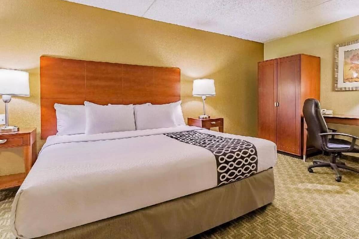 Habitación de hotel con una cama grande, dos mesitas de noche con lámparas, un cabecero de madera, un escritorio con silla y un armario.