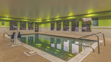 Indoor pool, open 9:00 AM to 10:00 PM, sun loungers