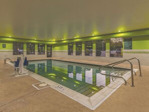 Indoor pool, open 9:00 AM to 10:00 PM, sun loungers