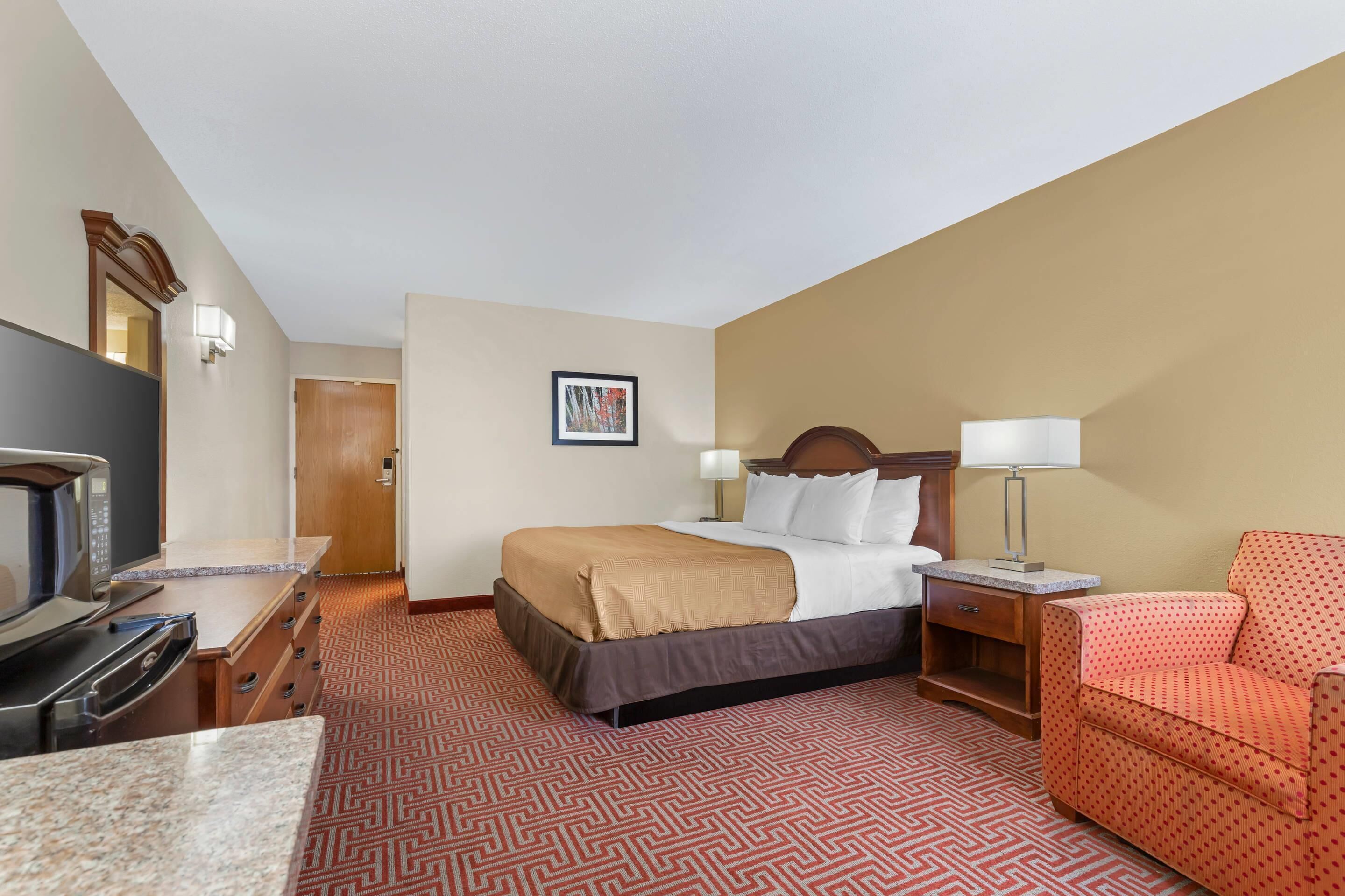 Une chambre d’hôtel avec un lit, un bureau avec une télévision, une chaise et un tableau au mur.