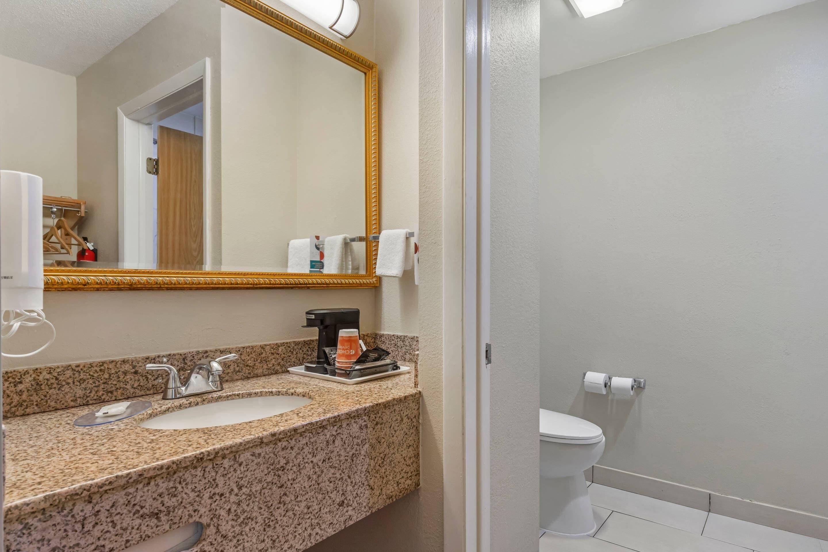 A bathroom with a granite countertop, a sink, a mirror, a coffee maker, and a toilet.