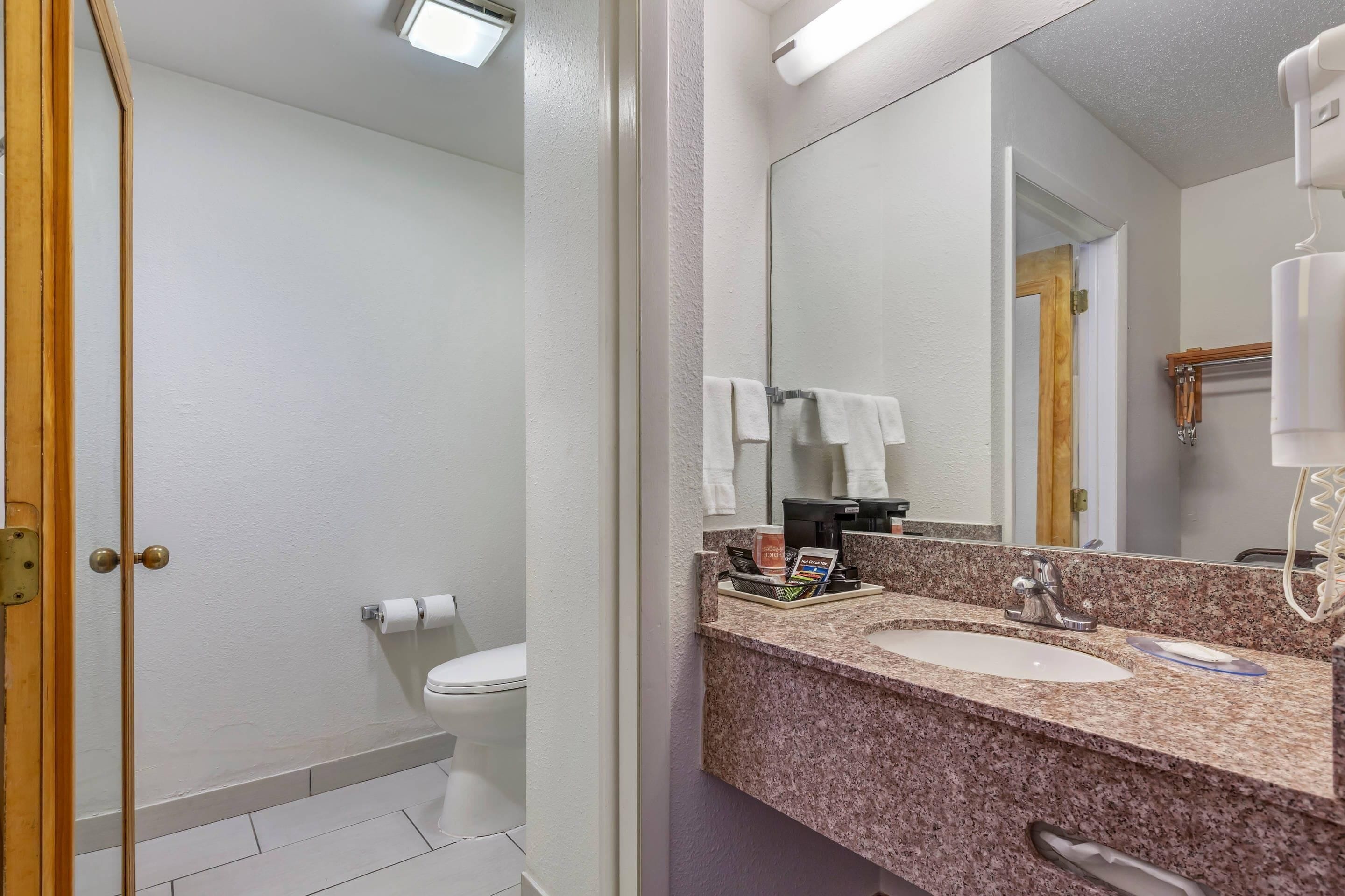 Une salle de bain avec des toilettes, un lavabo et un miroir.